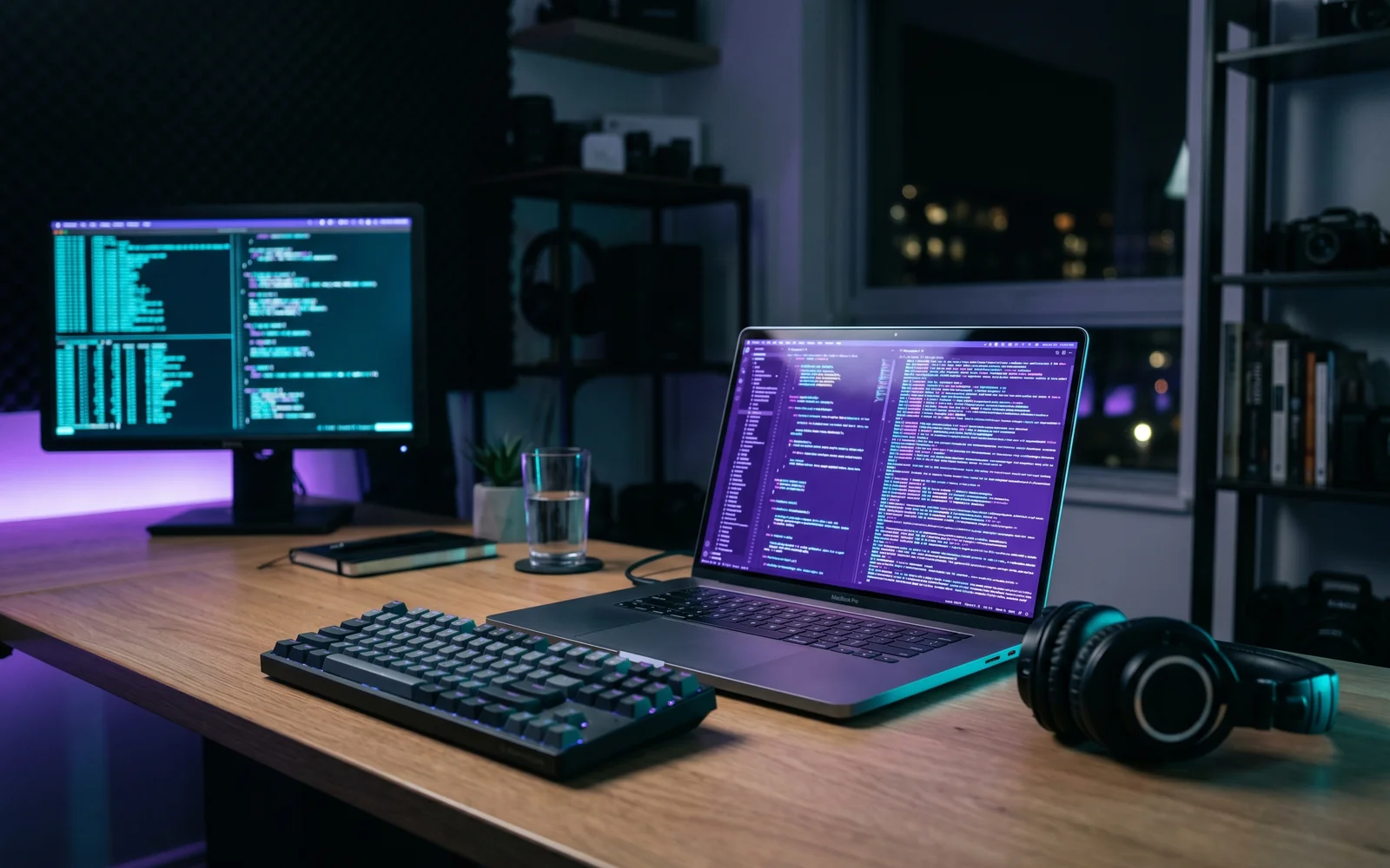 Écran de code avec terminal affichant une session Claude Agent SDK, ambiance studio développeur avec éclairage violet et cyan