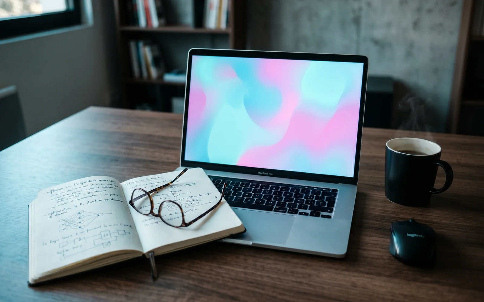 Espace de travail mêlant ordinateur portable avec interface IA et carnet papier annoté à la main, équilibre entre IA et réflexion humaine