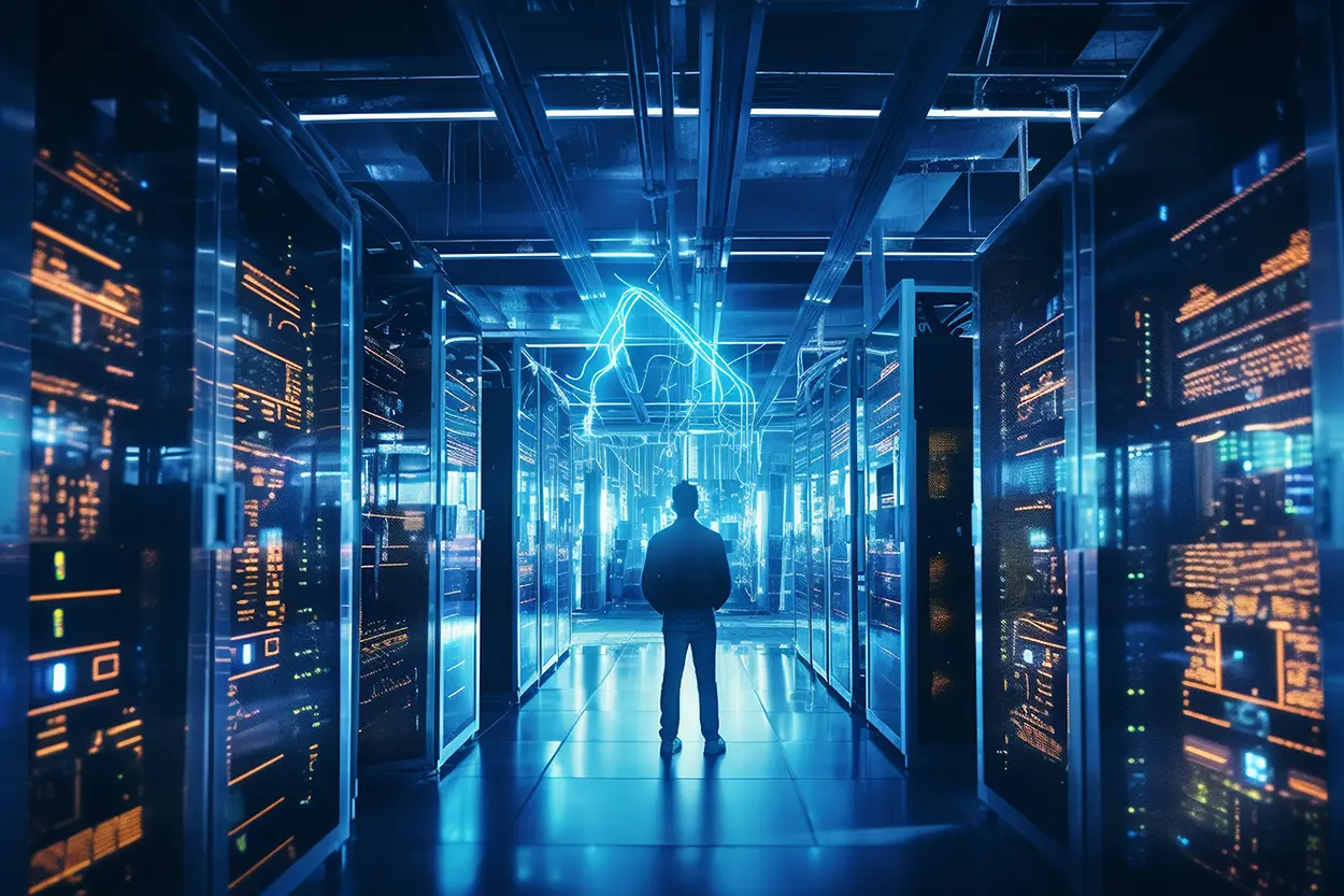 Datacenter moderne avec baies serveurs illuminées en bleu cyan, illustration de la virtualisation Proxmox 8 sur serveur dédié Hetzner