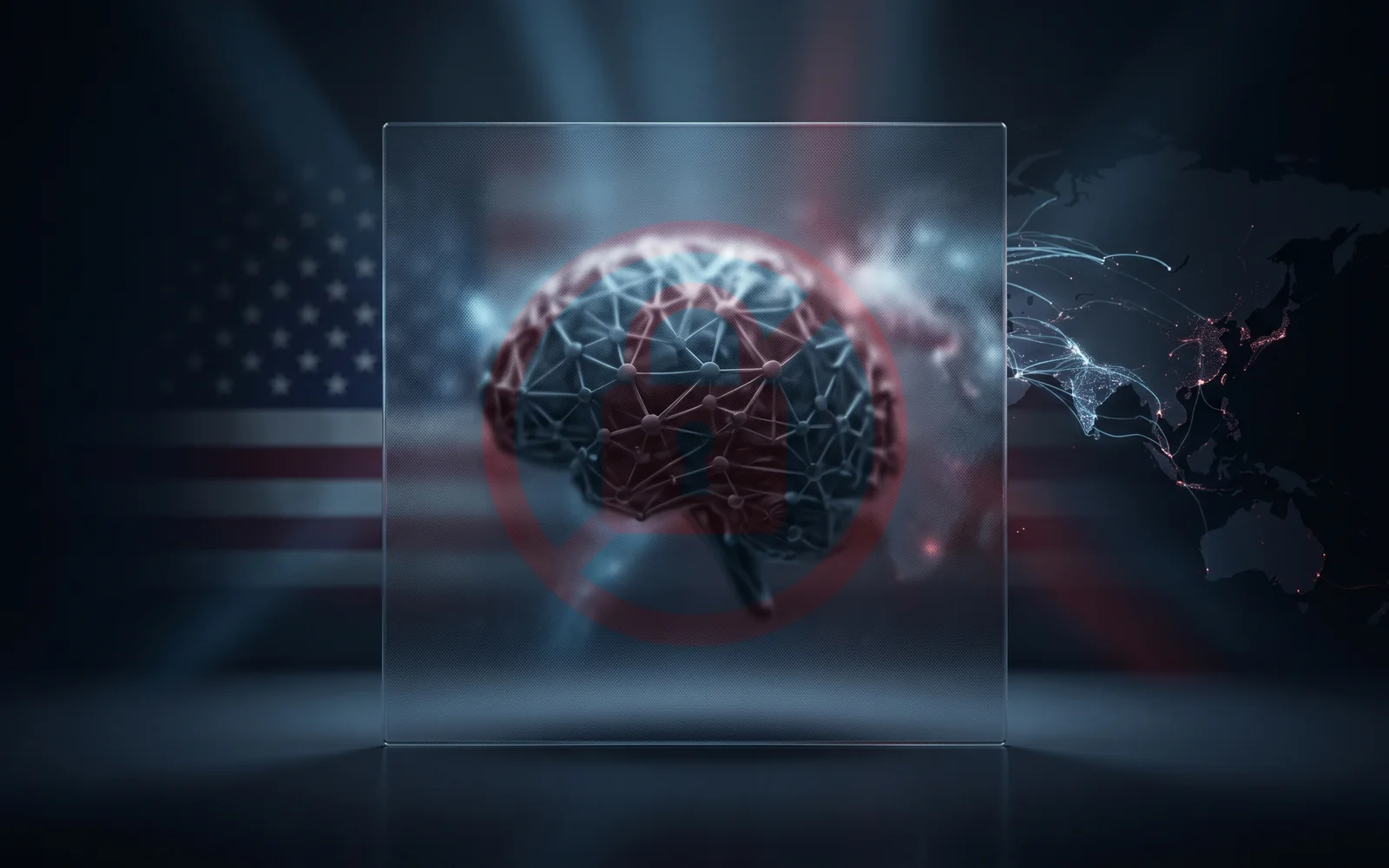 Cerveau numérique en réseau de neurones enfermé derrière une plaque de verre, marqué d'un symbole d'interdiction rouge, drapeau américain estompé en arrière-plan et carte du monde aux connexions lumineuses coupées, illustration de l'interdiction d'exportation des modèles Claude Fable 5 et Mythos 5 et de la dépendance à une IA hébergée aux États-Unis