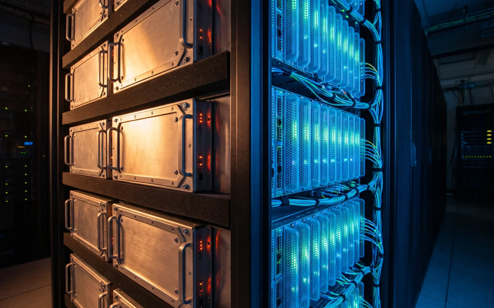 Rack serveur séparé en deux moitiés visuellement contrastées : à gauche des machines virtuelles compactes et isolées, à droite des conteneurs légers empilés, ambiance technique