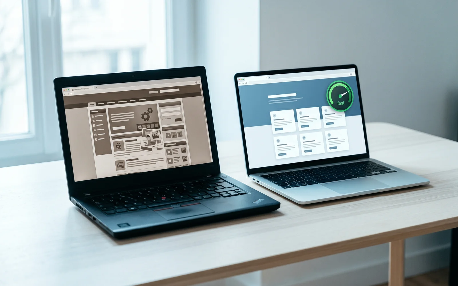 Deux ordinateurs portables côte à côte comparant un site CMS lent et un site moderne rapide, illustration d'une migration
