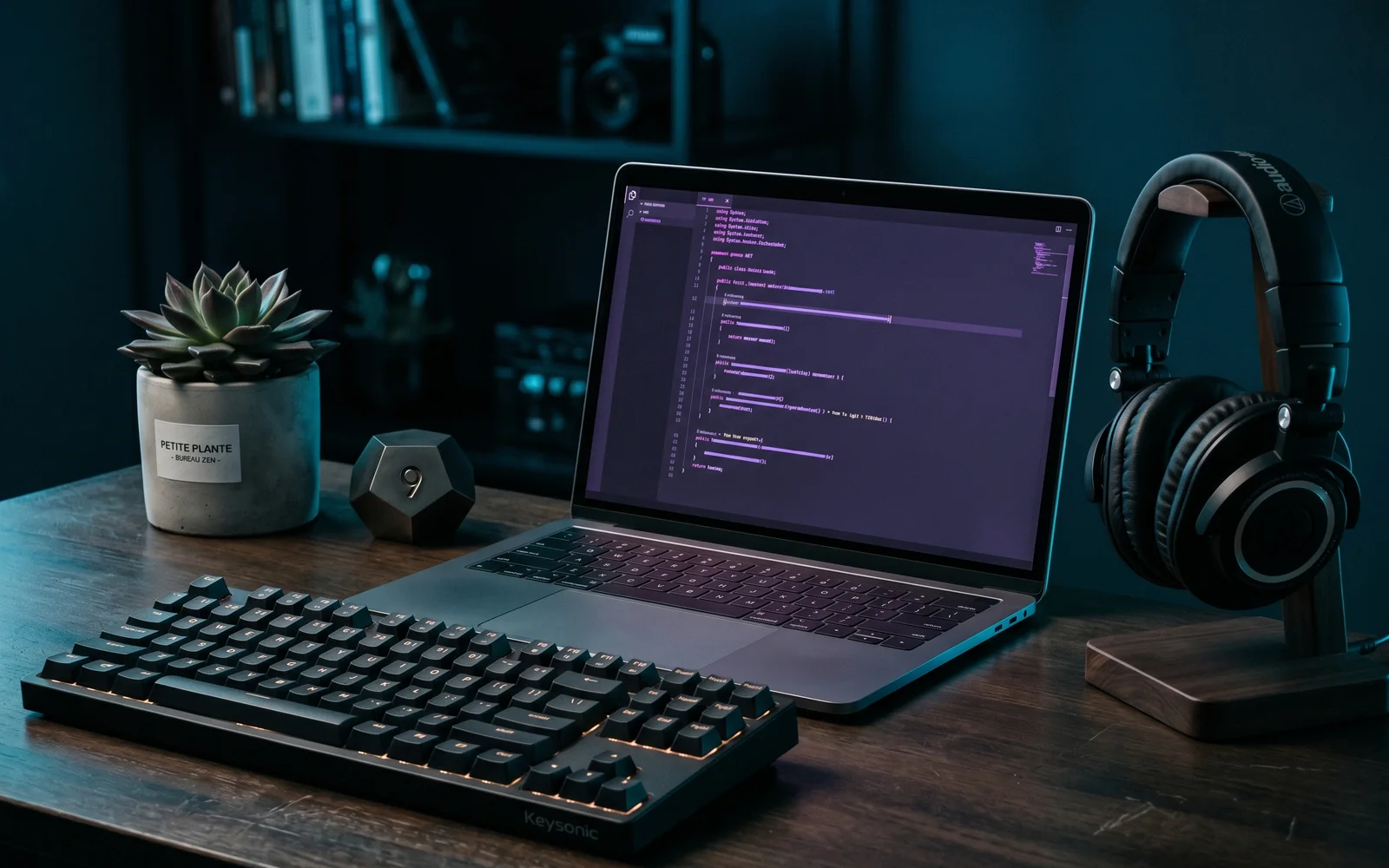 Setup de développeur sombre avec ordinateur portable affichant du code aux teintes violettes, clavier mécanique et casque, ambiance studio
