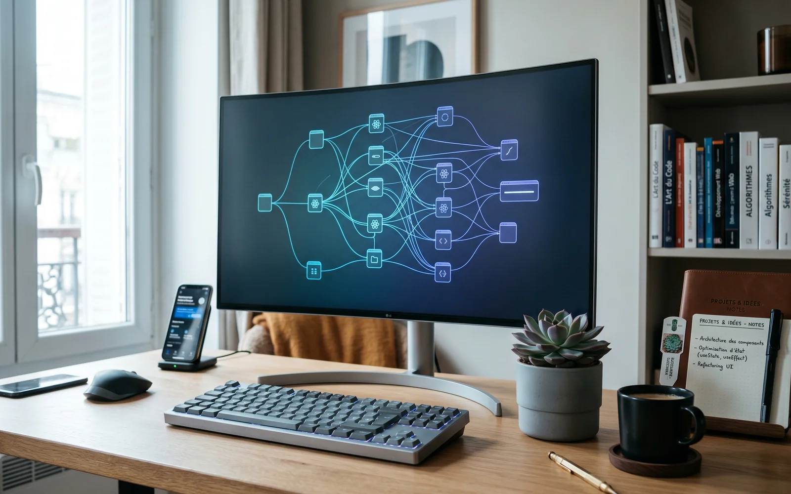 Espace de travail moderne avec grand écran affichant une arborescence de composants React aux accents cyan