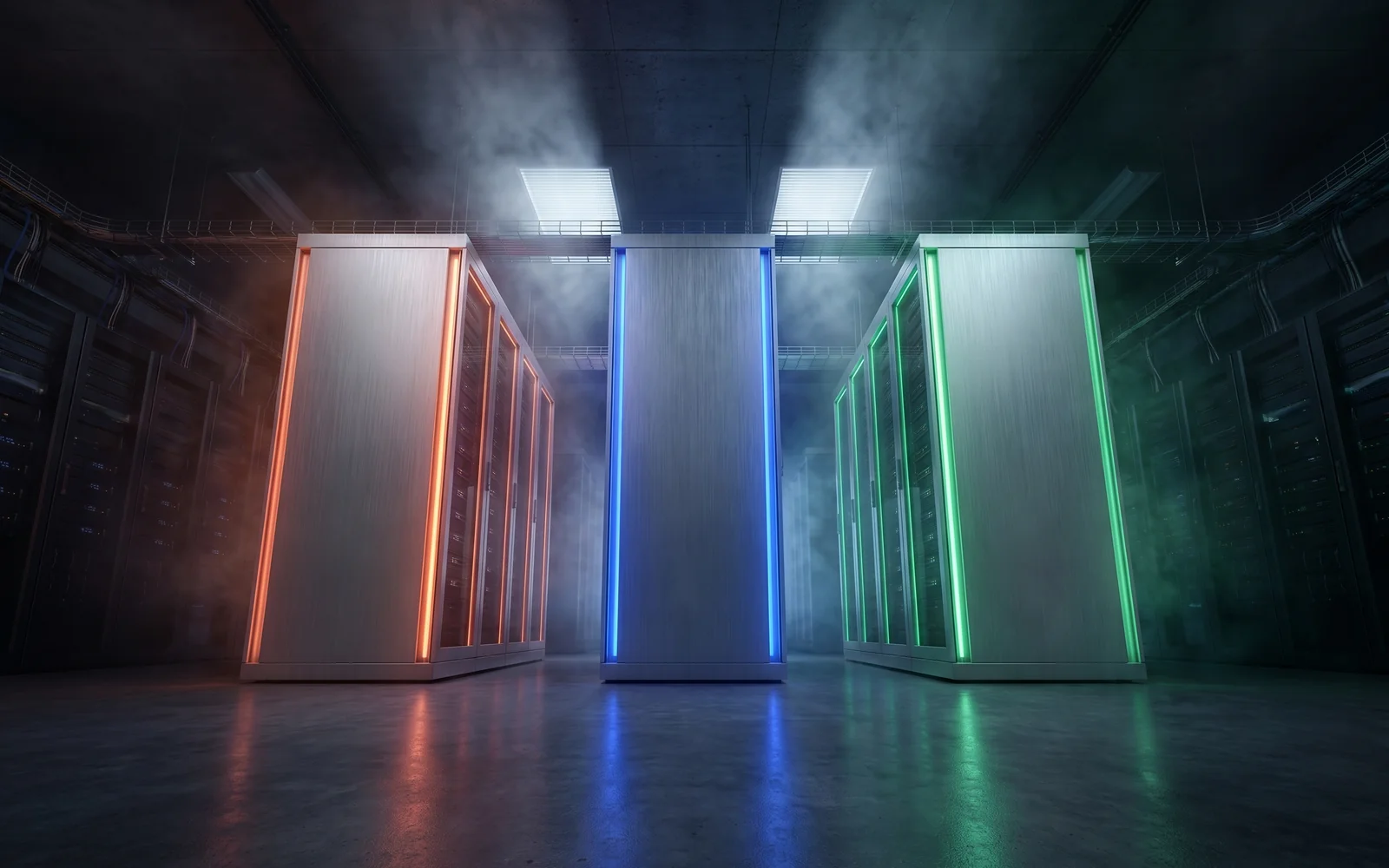 Trois racks serveurs alignés dans une salle data center, chacun éclairé d'une teinte distincte (orange Proxmox, bleu TrueNAS, vert Unraid), ambiance comparaison technique haut de gamme
