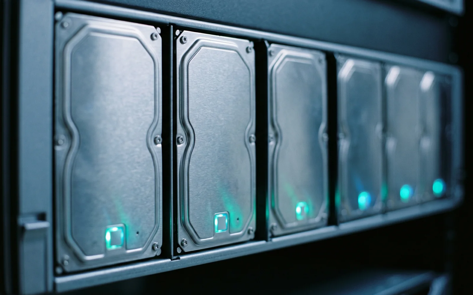 Gros plan sur une rangée de disques durs entreprise montés en baie avec LEDs cyan, infrastructure de stockage