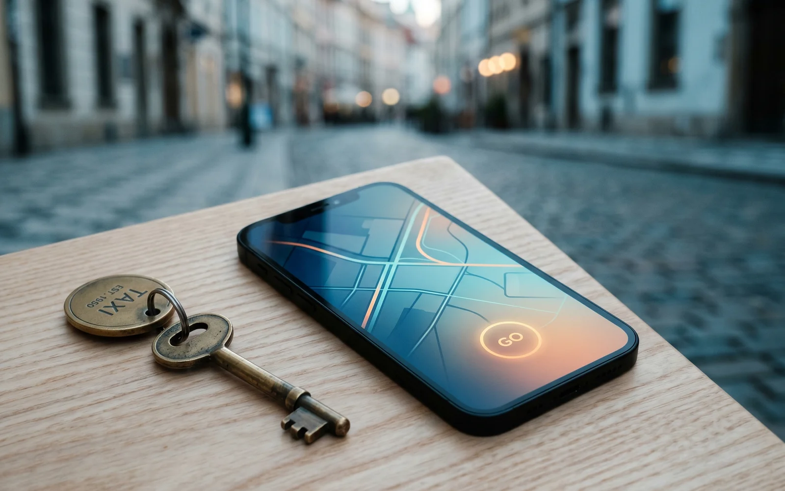 Smartphone posé sur une surface en bois affichant une interface minimaliste de réservation de taxi avec carte abstraite, clé de taxi à côté