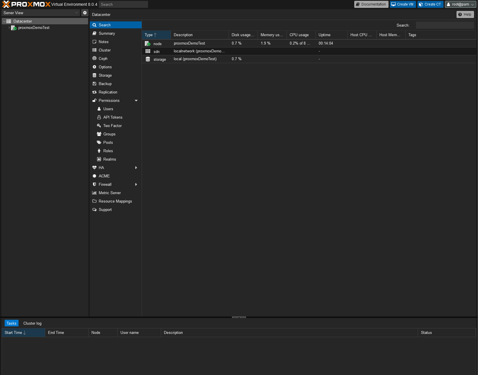 Interface web Proxmox 8 après installation réussie sur serveur Hetzner