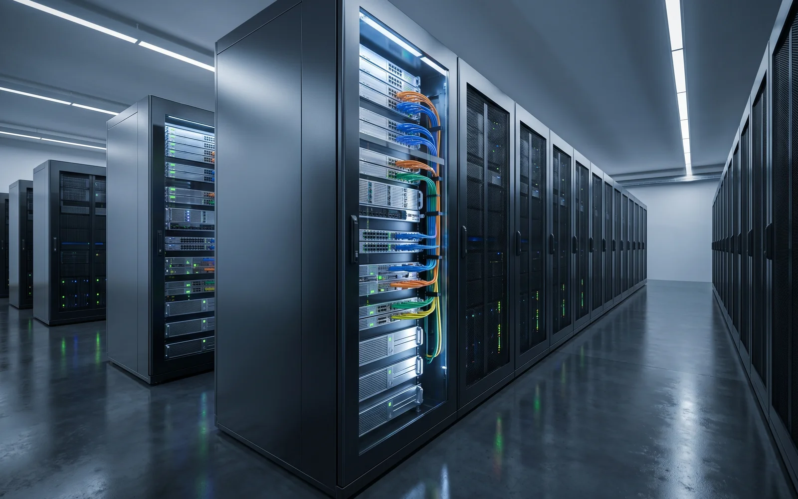 Rack serveur Hetzner dans un data center allemand, baies illuminées de lumière froide, ambiance infrastructure dédiée européenne