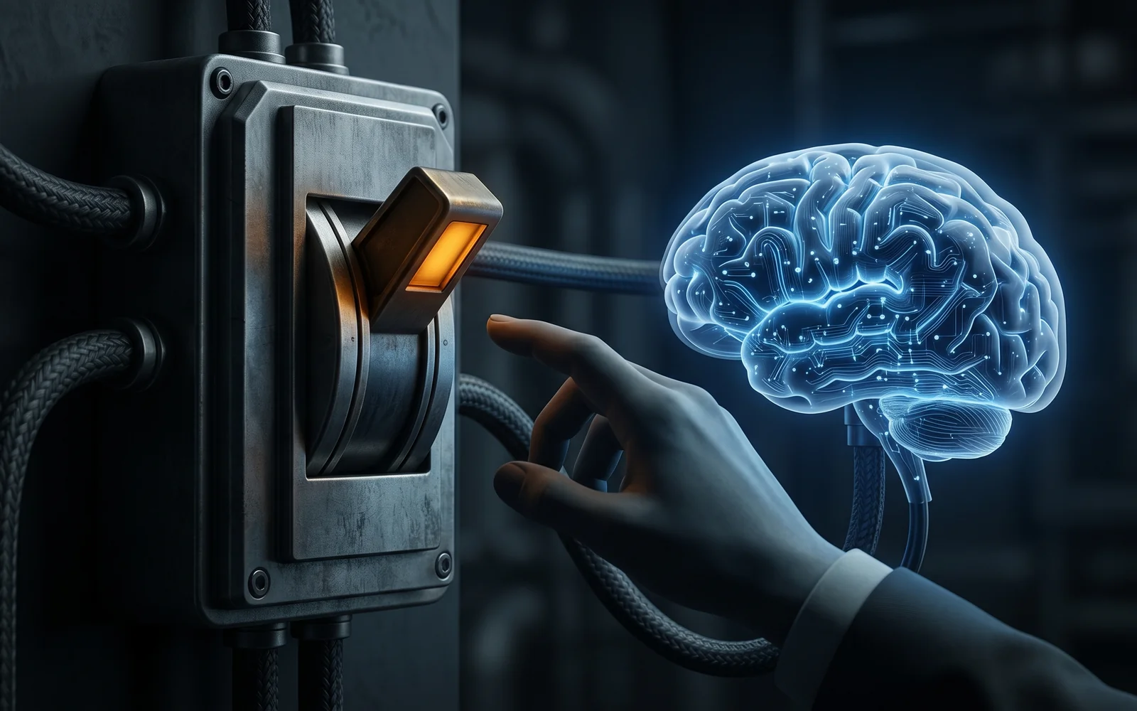 Interrupteur d'alimentation géant relié par des câbles à un cerveau numérique représentant un modèle d'IA, une main institutionnelle s'apprêtant à le basculer sur « off » — métaphore de la coupure unilatérale d'un service d'IA hébergé à l'étranger