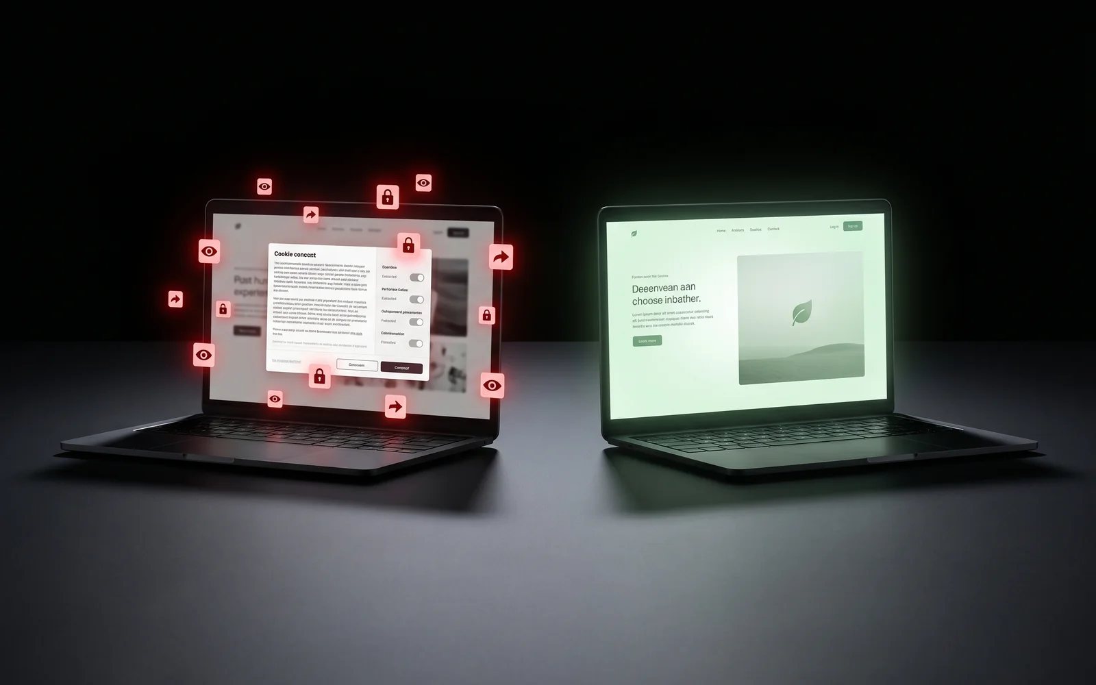 Comparaison côte à côte : à gauche un site avec pop-up cookies envahissant et nombreux traceurs visibles dans les requêtes réseau, à droite un site propre sans bandeau ni traceurs