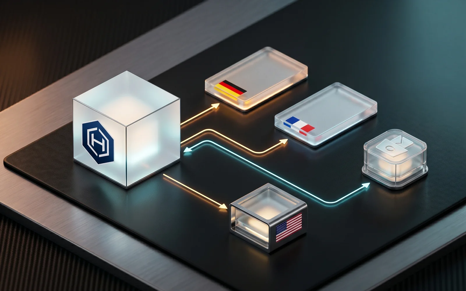 Schéma d'architecture du site Taxi Ghis avec quatre briques techniques connectées : Next.js sur serveur OVH France, OpenRouteService en Allemagne, Base Adresse Nationale en France, Postmark aux États-Unis, et une boîte mail Outlook qui sert de base de données